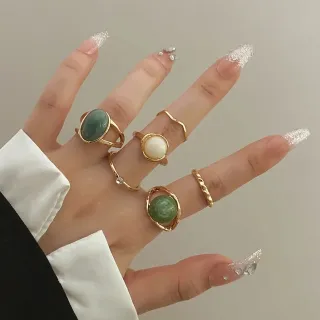 6 Pcs Oval Green Gemstone Knuckle Ring Set 